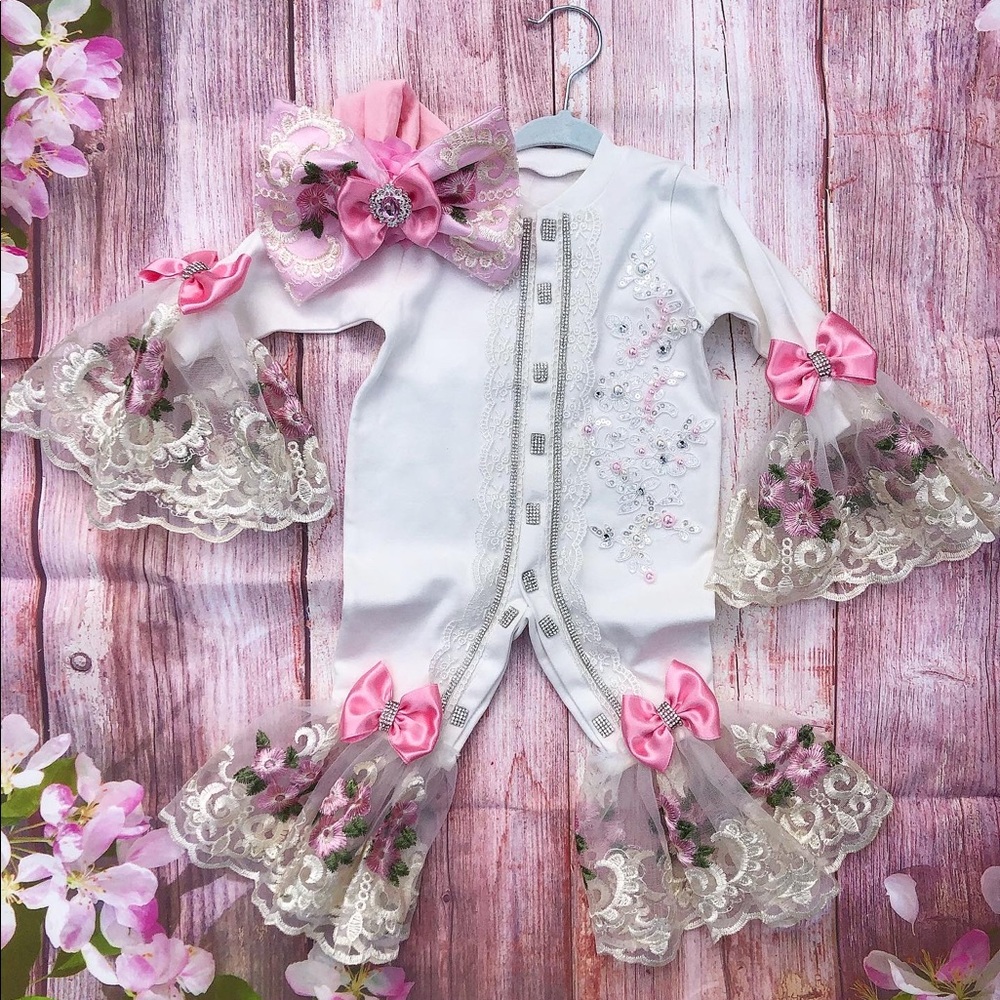 Hand made baby romper and headband